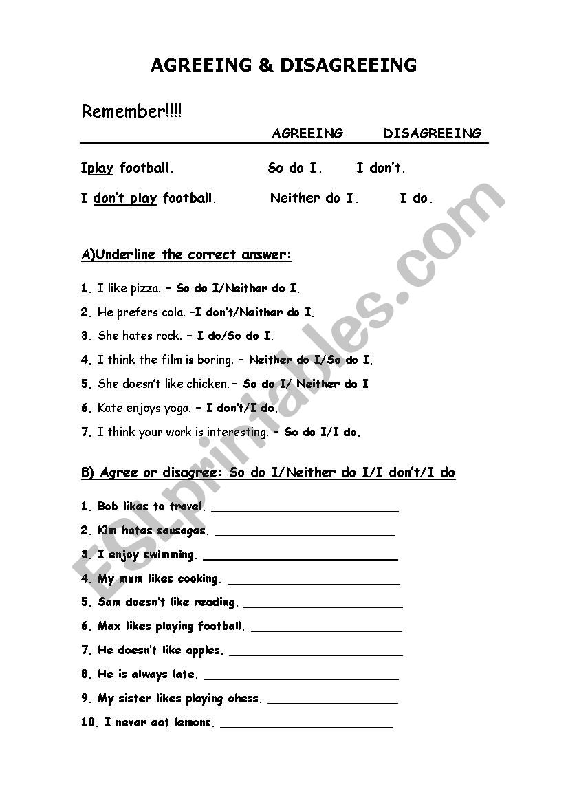 Agreeing and disagreeing worksheet