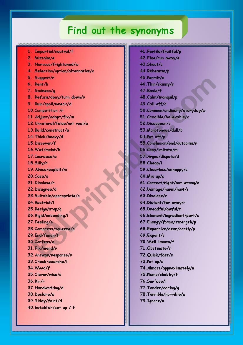 Find out the synonyms worksheet