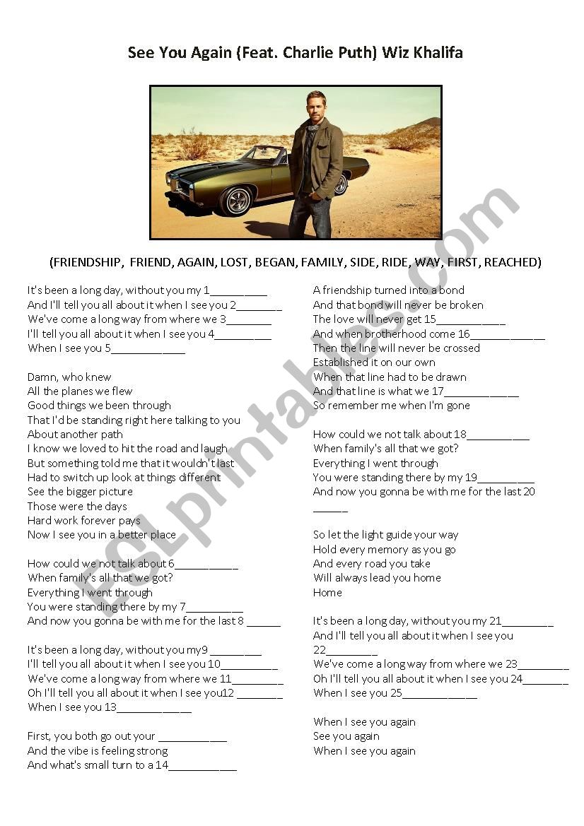 See you again by Wiz Khalifa  worksheet