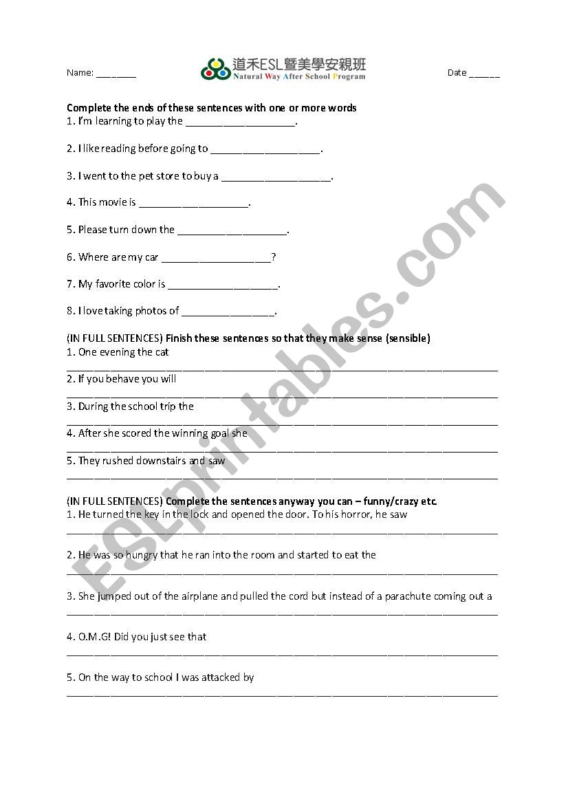 Complete the sentence worksheet