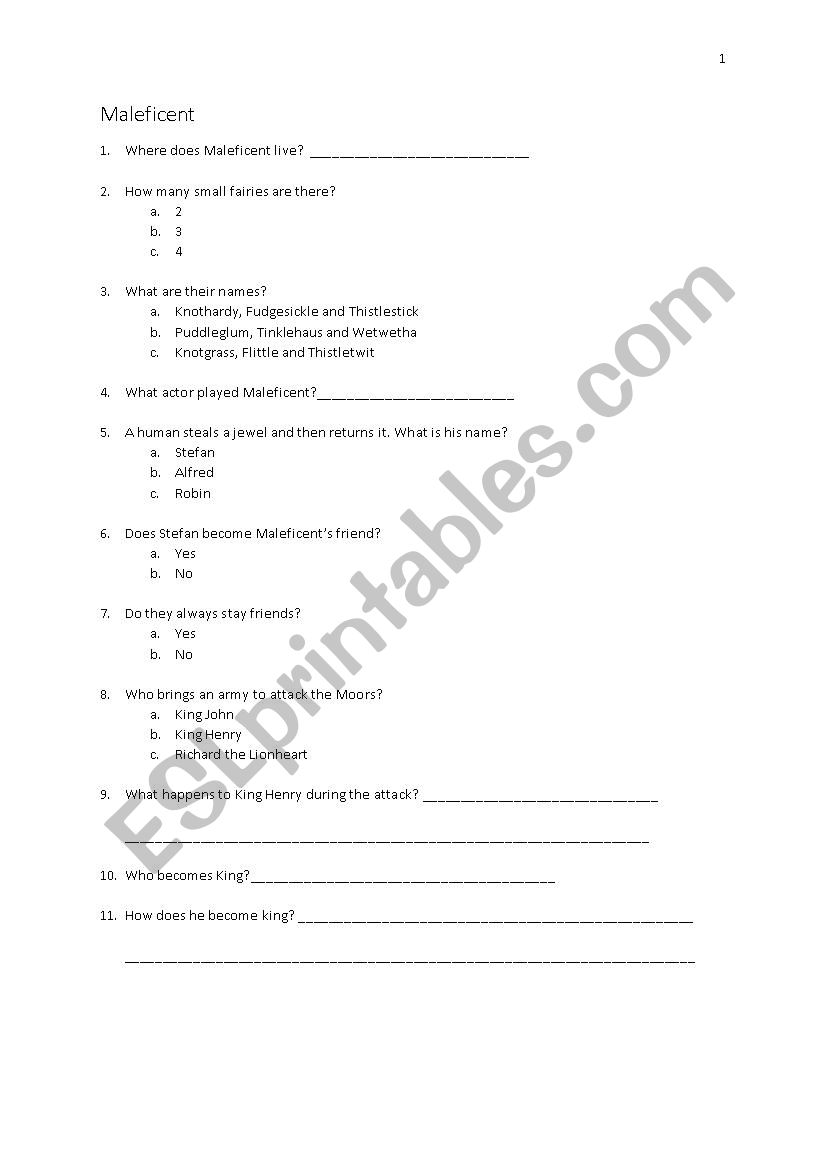 Maleficent (movie) worksheet worksheet