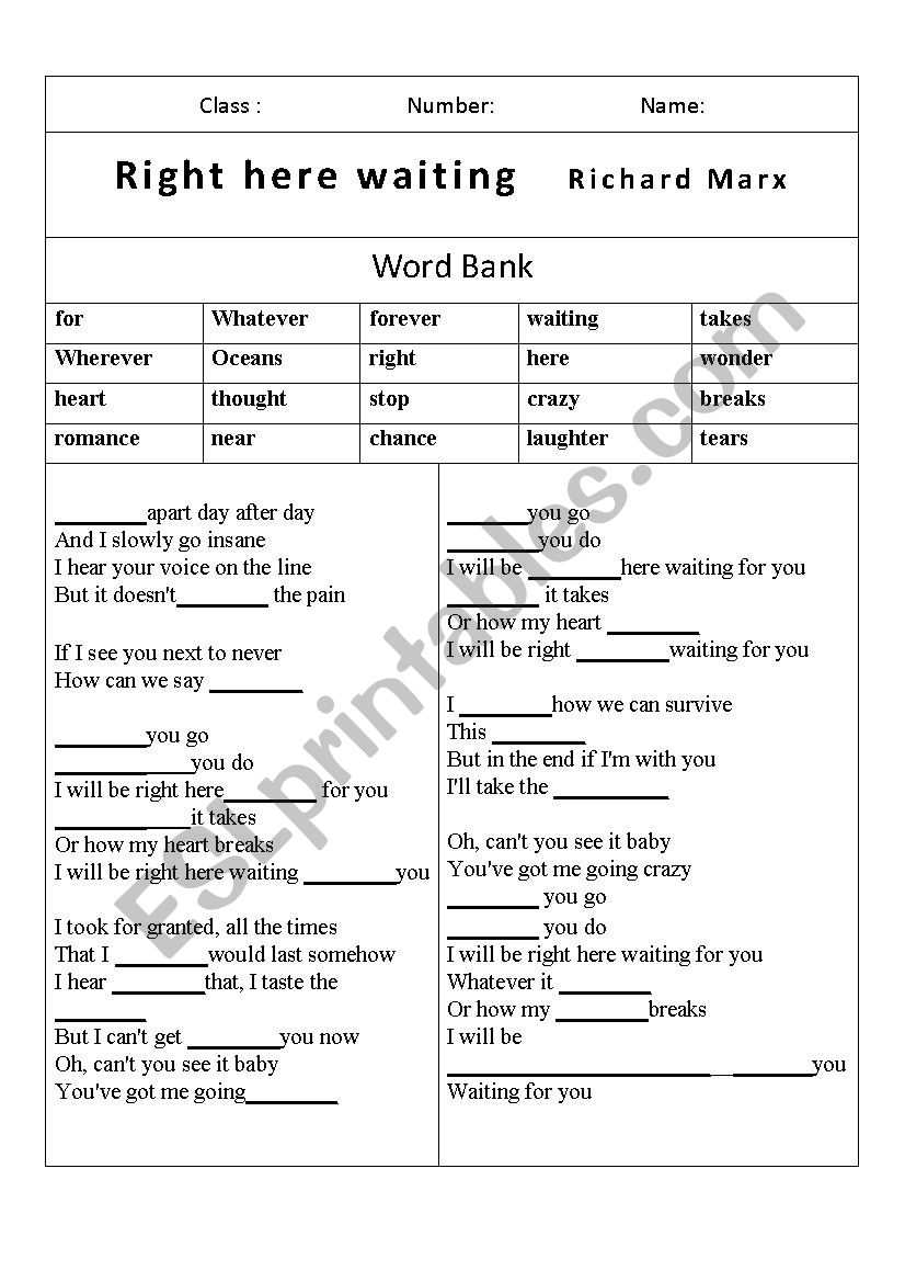 SONG Right here waiting worksheet