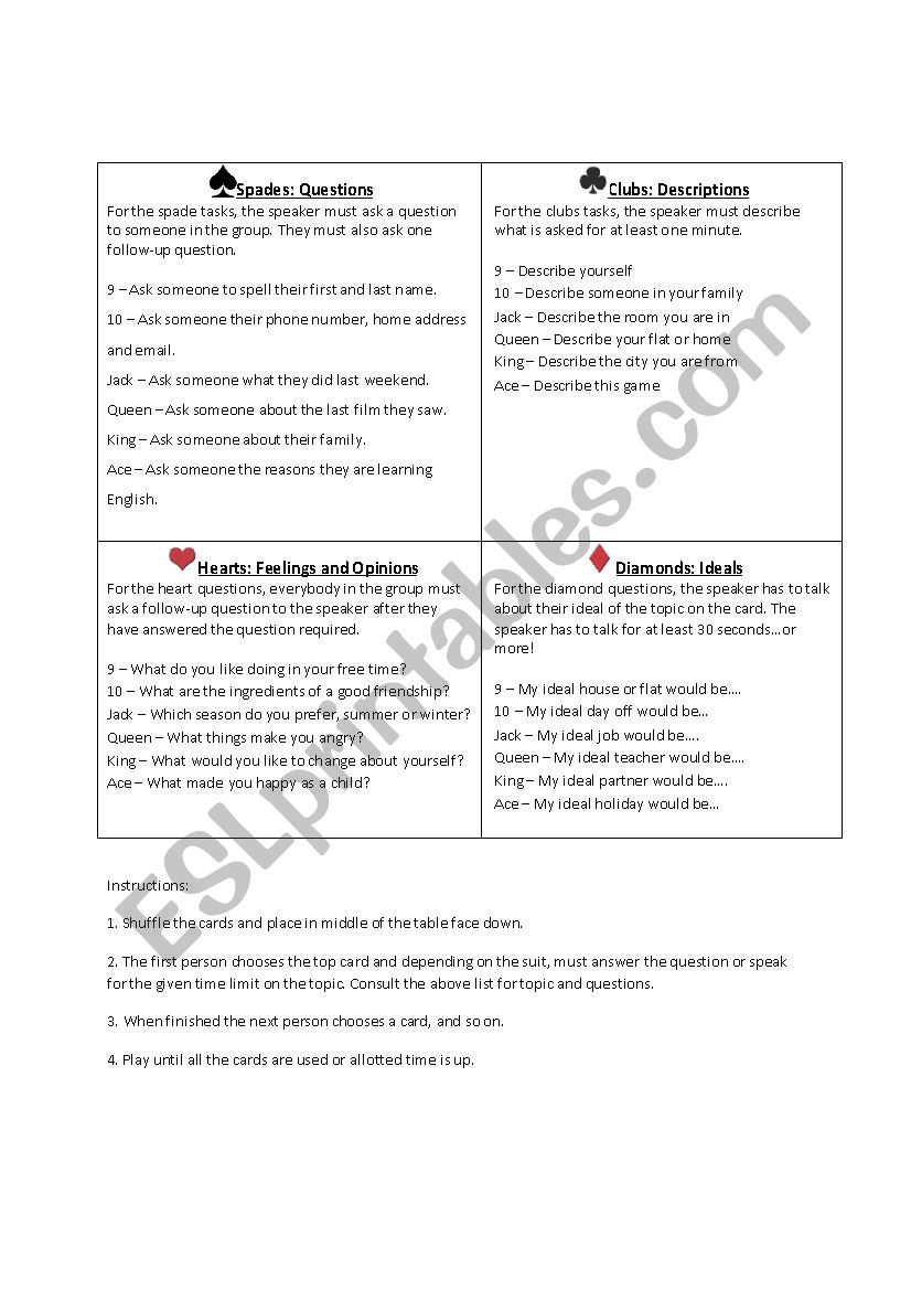 Spades worksheet