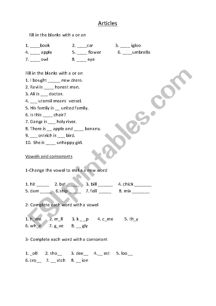 articles worksheet