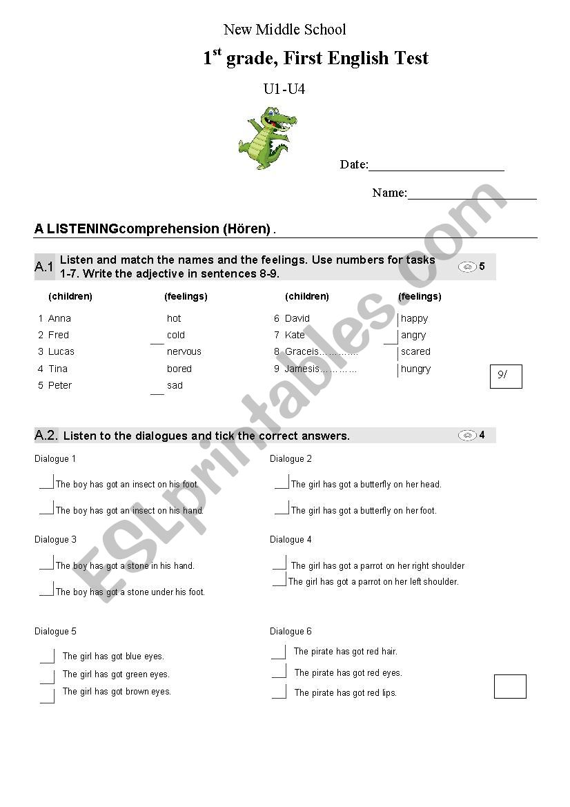 Test/Exam, Year 1 EFL with topics from MORE1