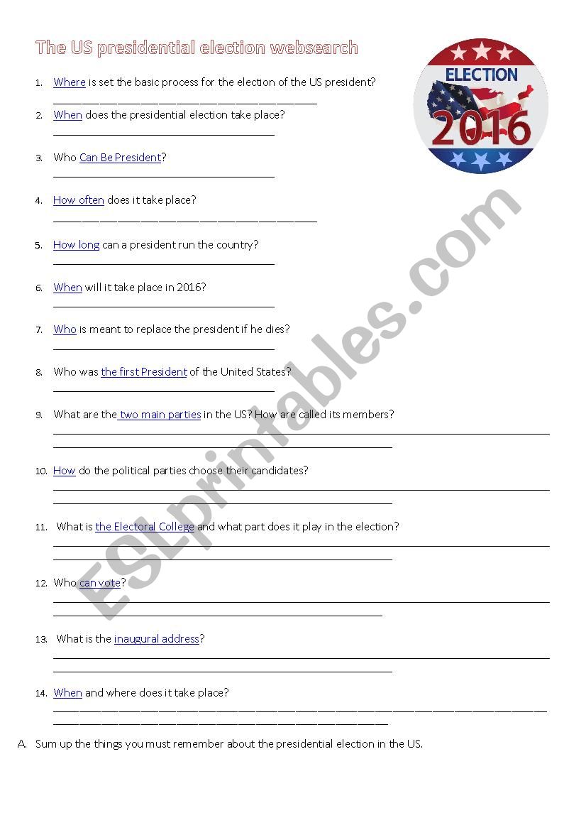 2016 US PRESIDENTIAL ELECTION worksheet