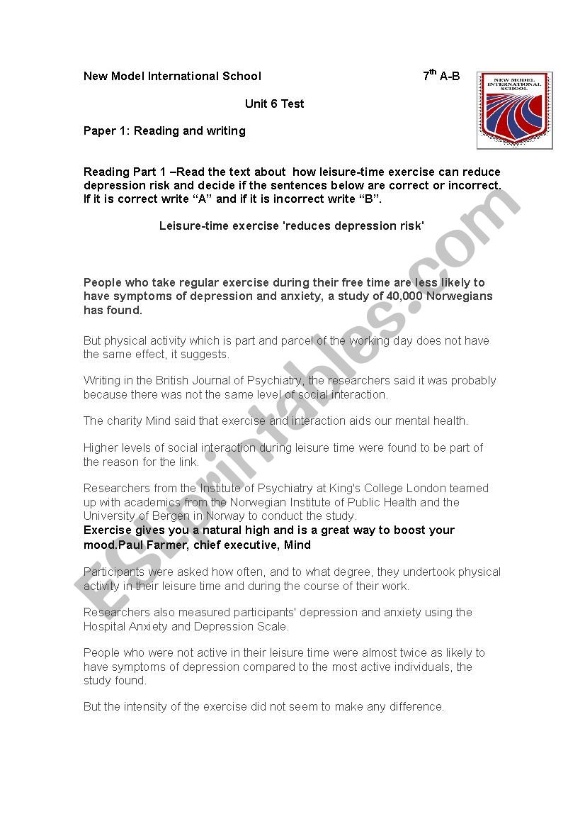 PET exam model test  worksheet
