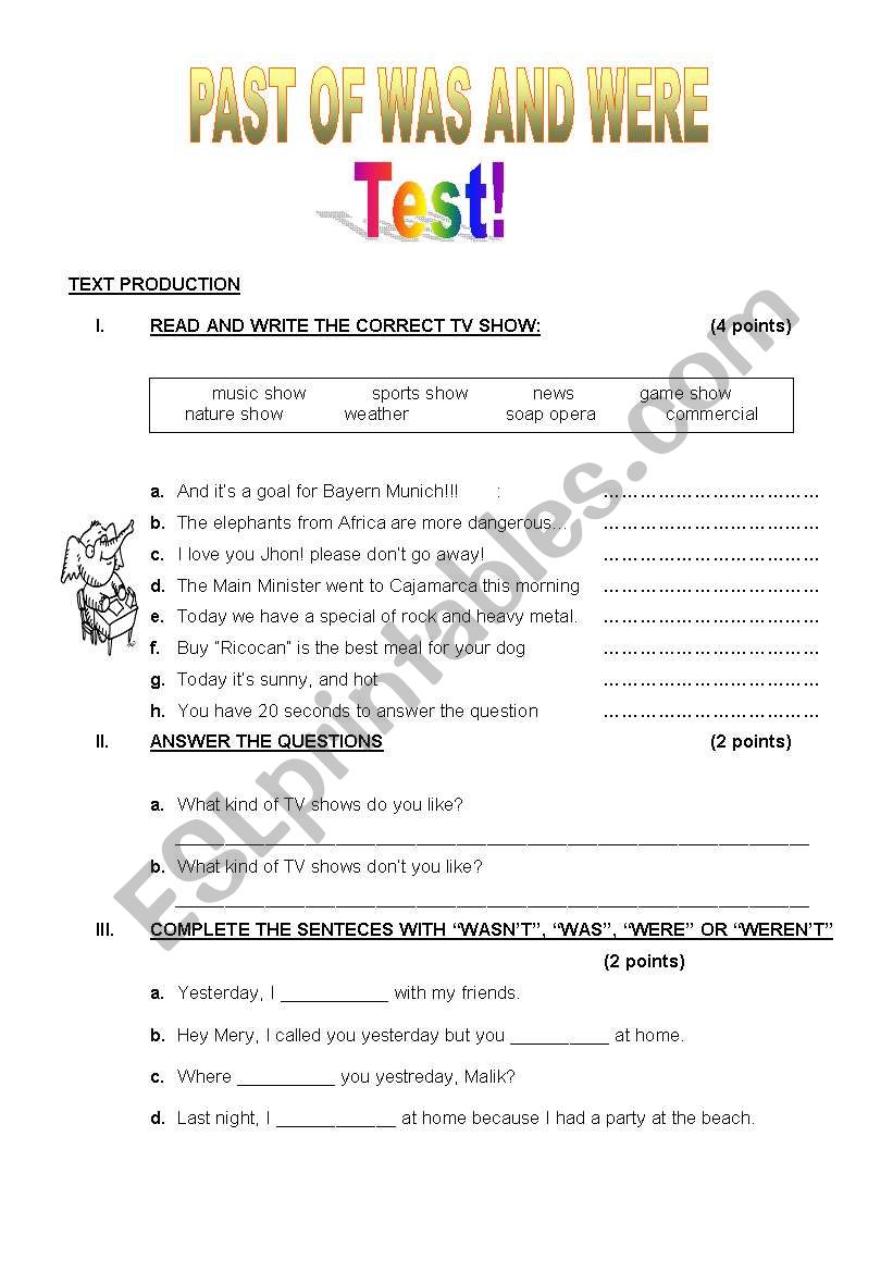 WAS AND WERE TEST  worksheet
