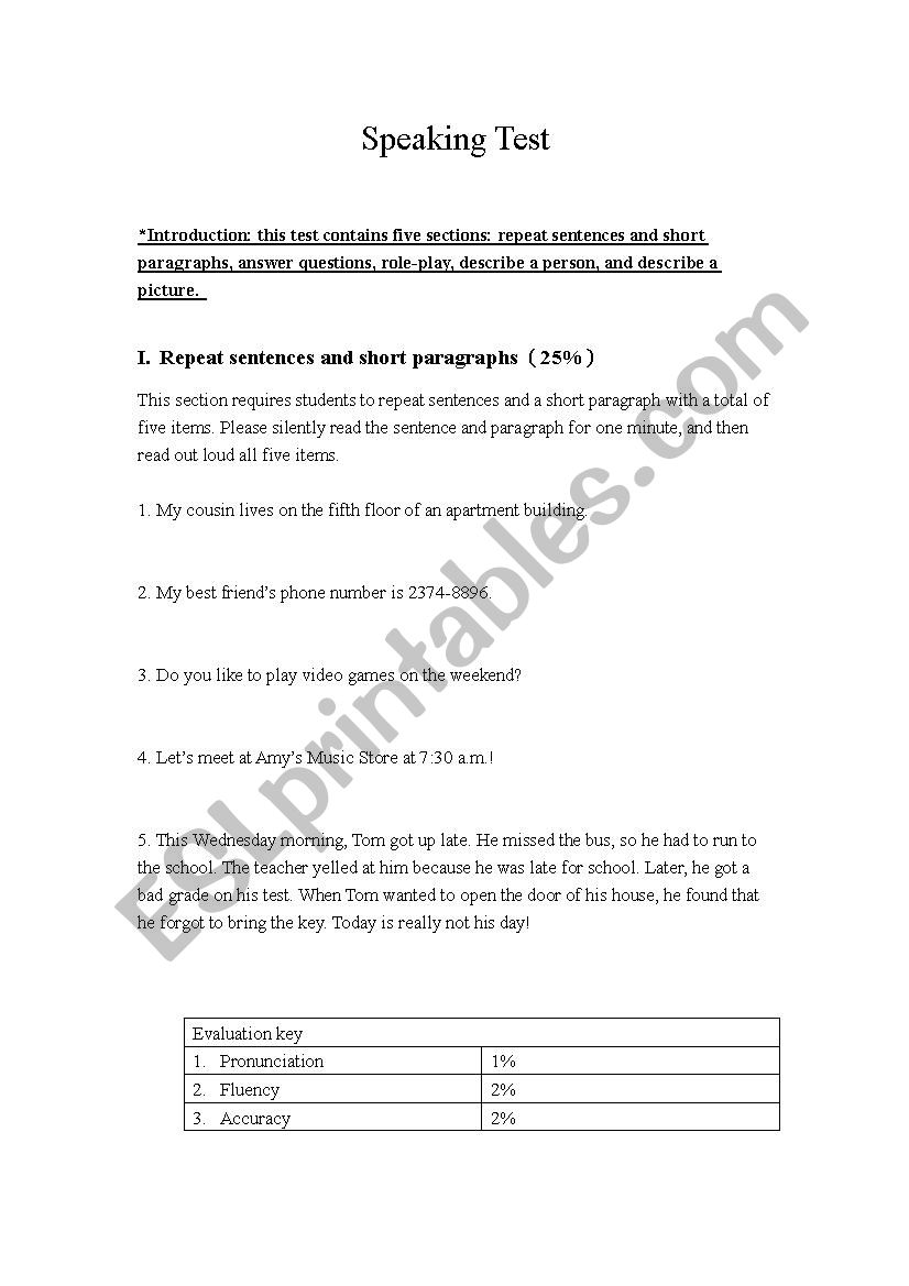 Speaking test worksheet