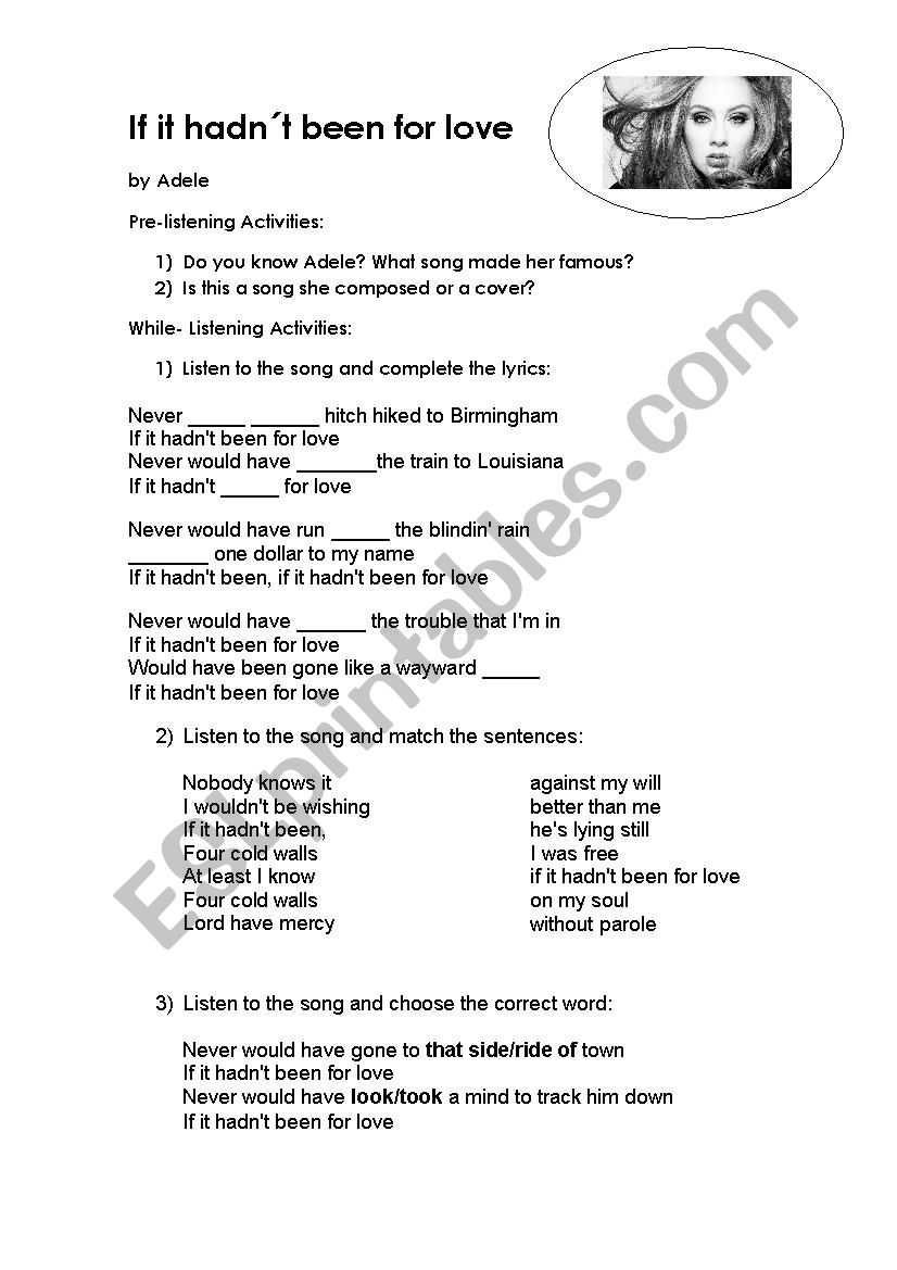 If it hadnt been for love worksheet