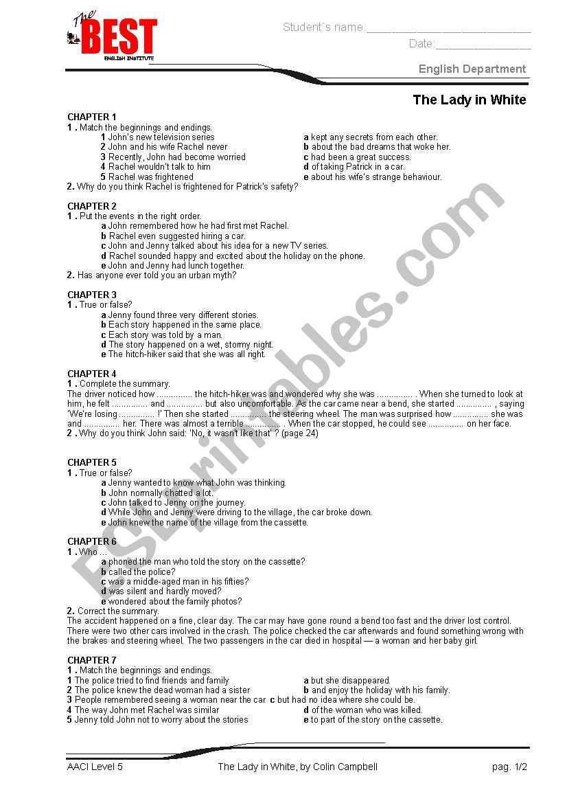 Reader: The Lady in White worksheet