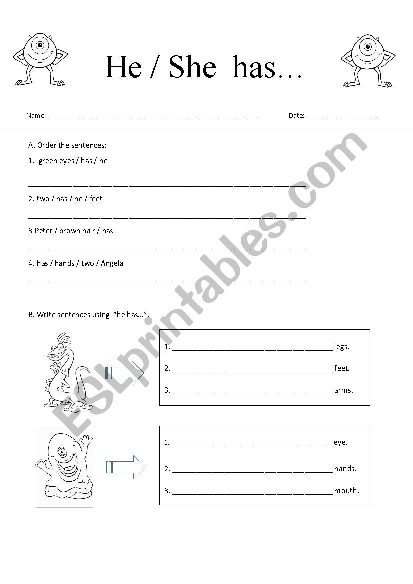 he / she / it has... worksheet