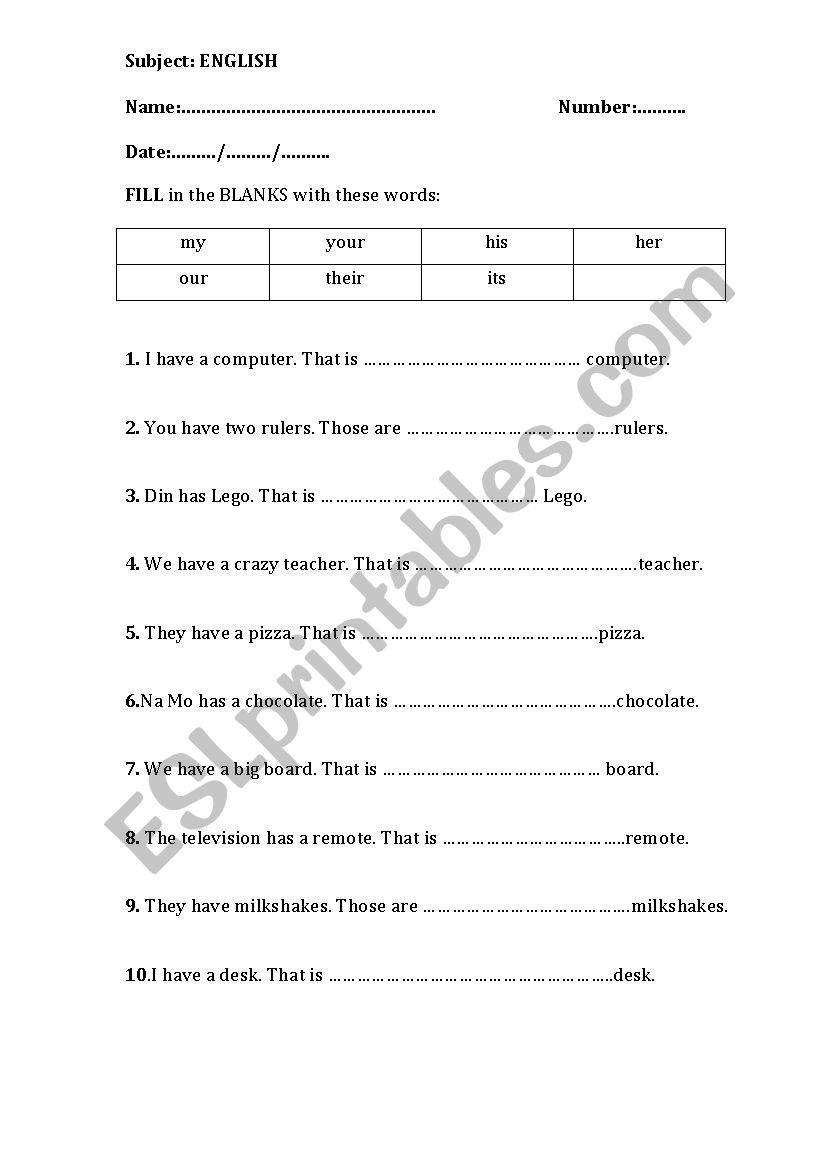 Possessive Adjectives worksheet