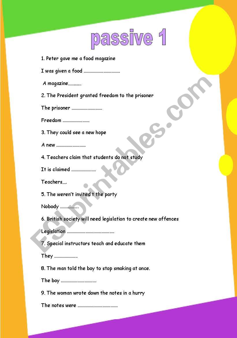 passive transforation, (4 pages) GRAMMAR WORKSHEET 6