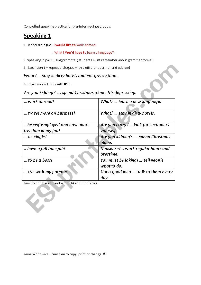 Controlled speaking practice for pre-intermediate groups.