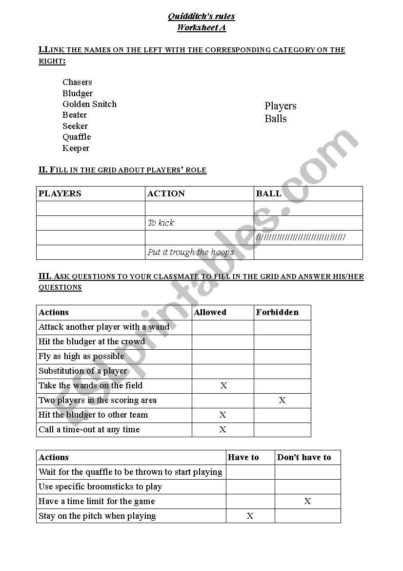 Quidditch - Worksheet A worksheet