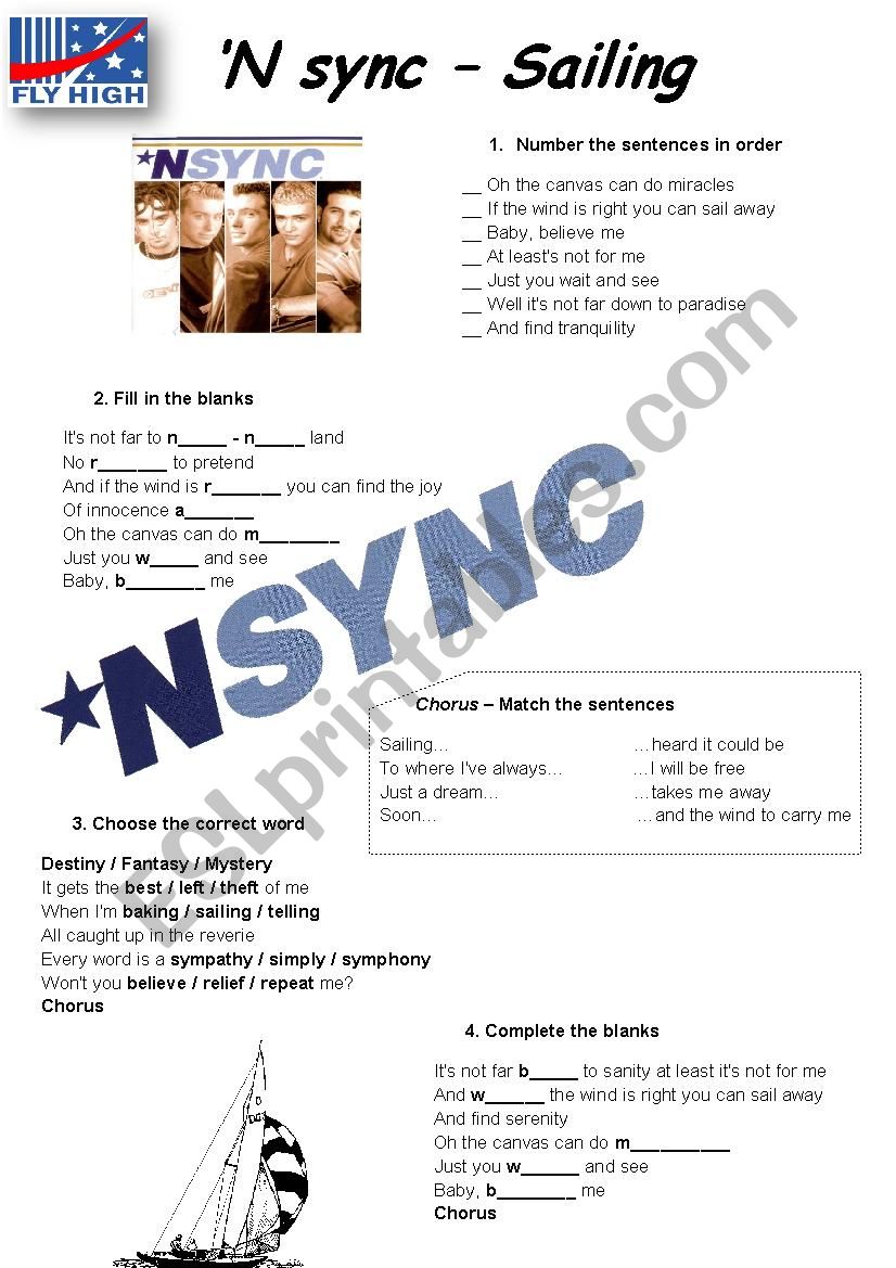 *N Sync - Sailing worksheet