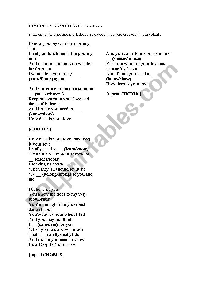 How deep is your love - song worksheet