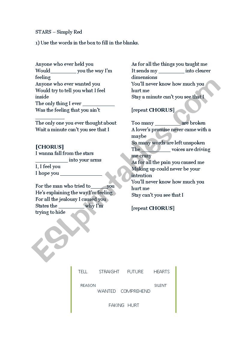 Stars, by Simply Red - song worksheet