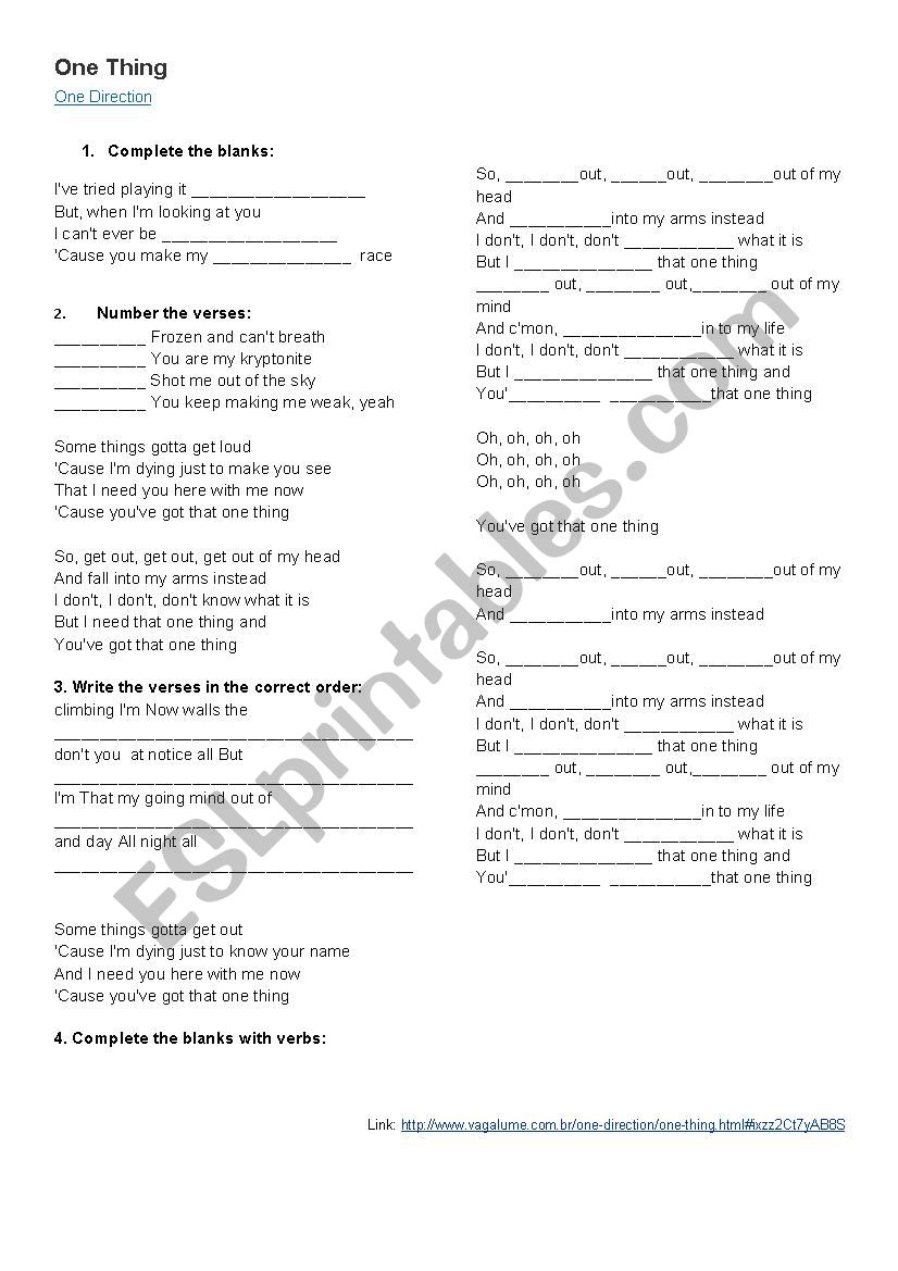 one thing  by one direction worksheet
