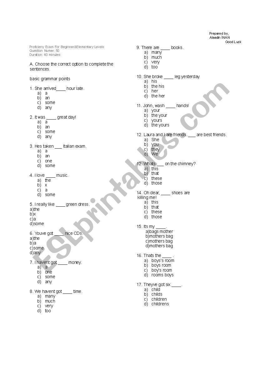 Proficiency Exam Sample A1toB1