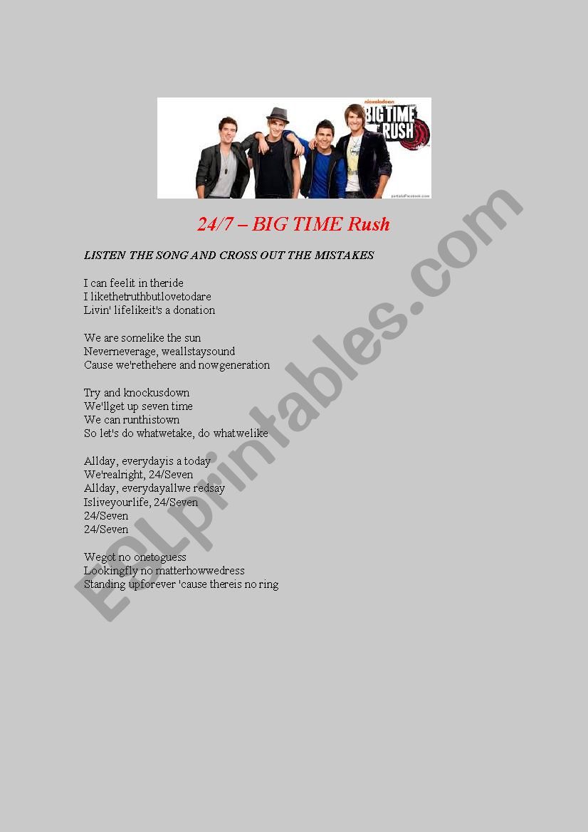  BIG TIME RUSH 24 /7 worksheet