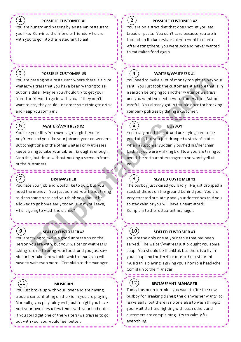 Restaurant Roleplay Cards worksheet