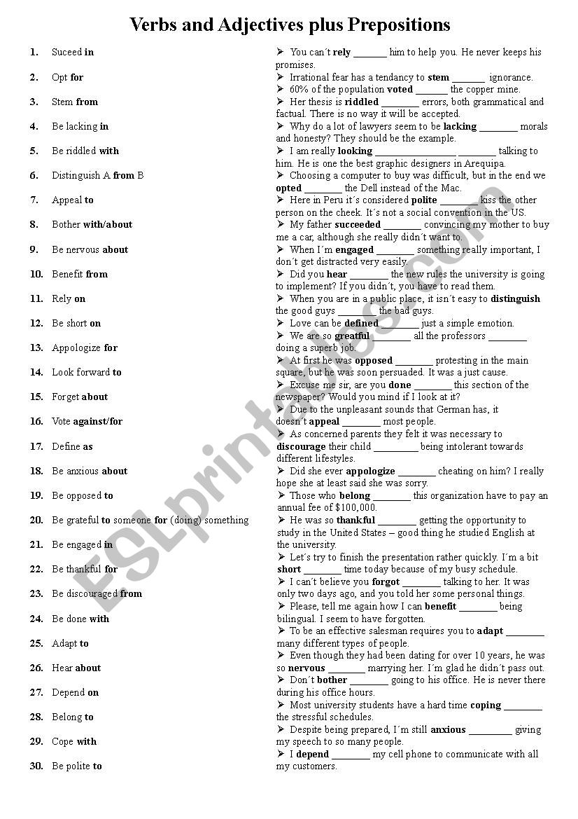 Verbs and Adjectives plus Prepositions