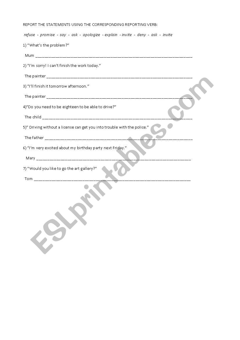 Reporting Verbs - exercise worksheet