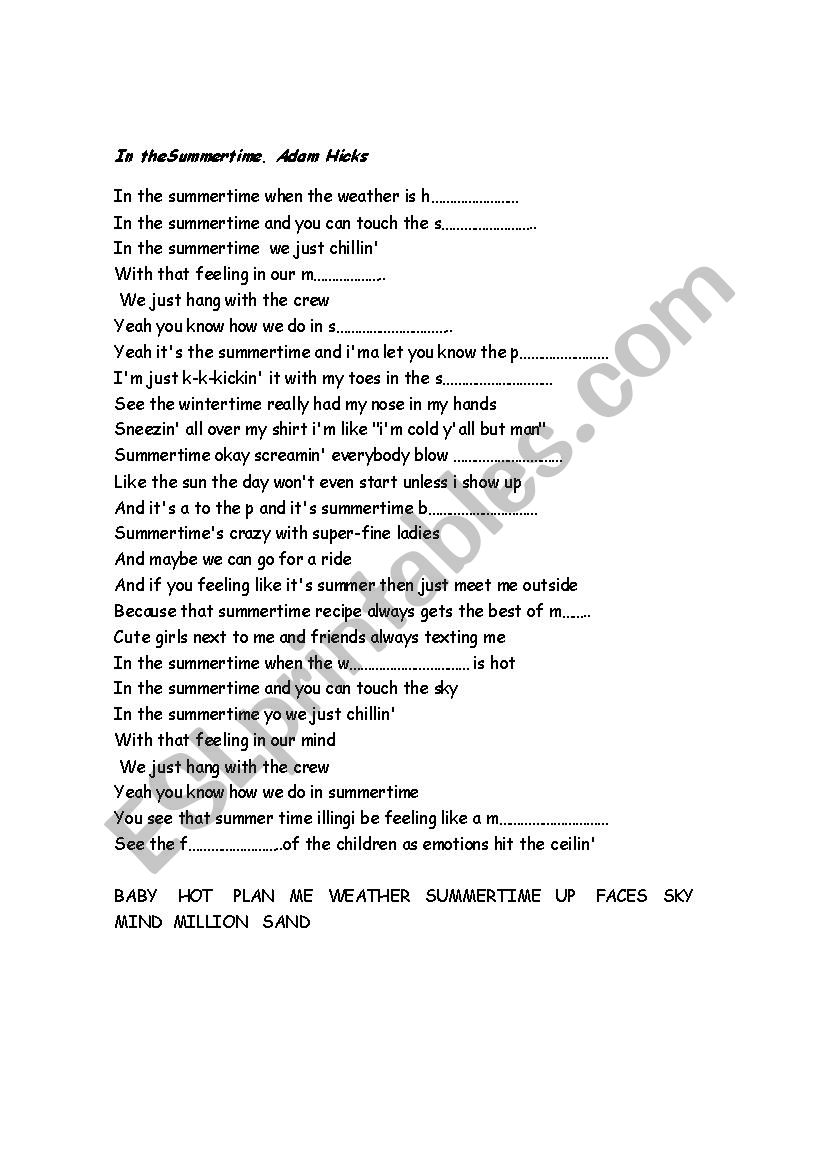 In the SummerTime. Adam Hicks worksheet