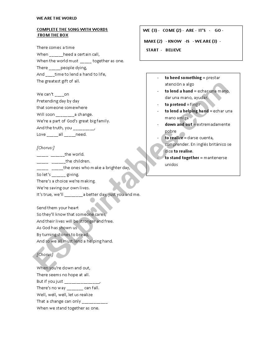 song we are the world  worksheet