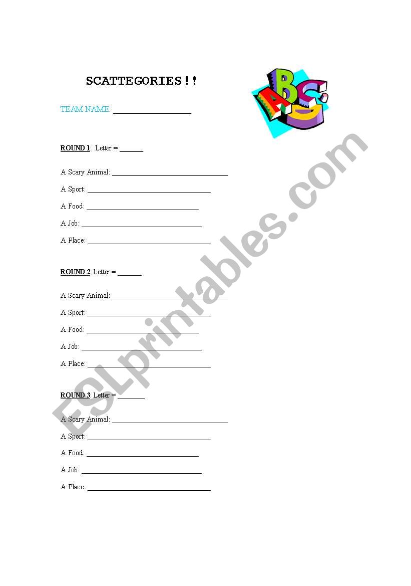 Scattegories (One) worksheet