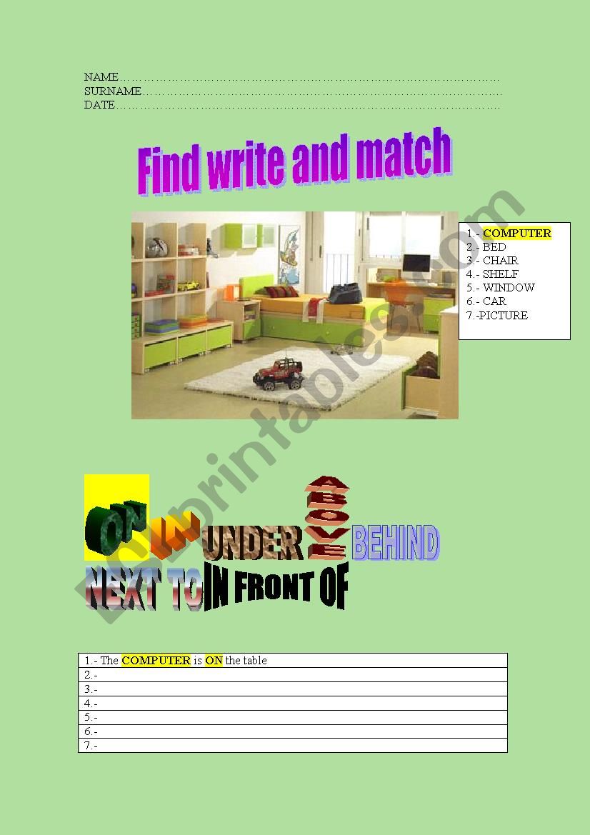 bedroom objects worksheet