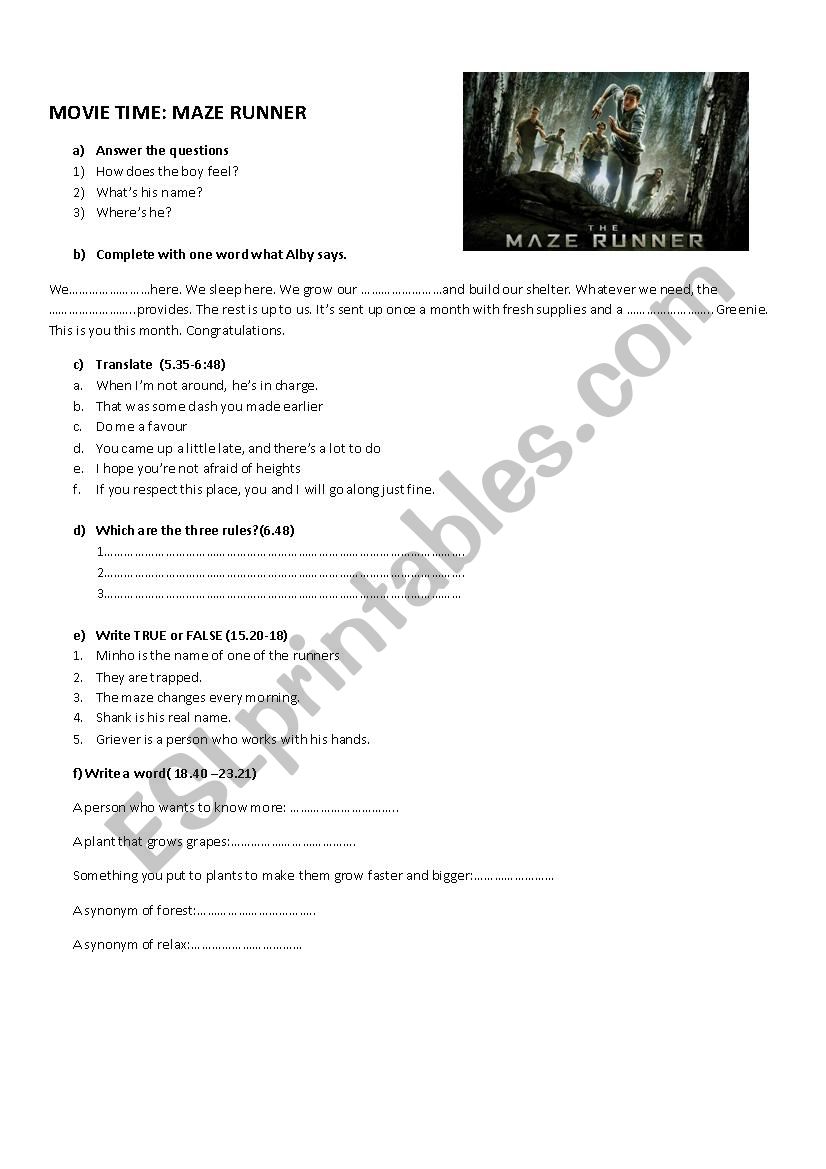 Movie time_maze runner worksheet