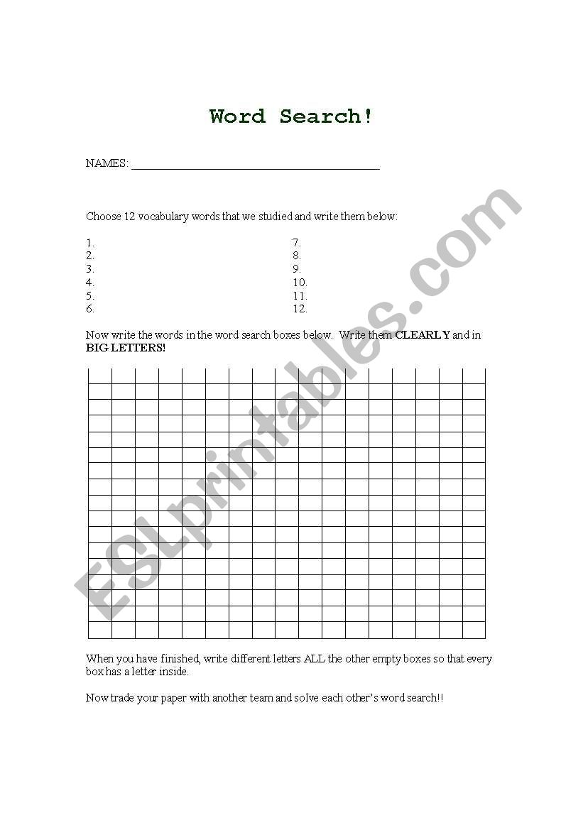 Make your own Word Search! worksheet
