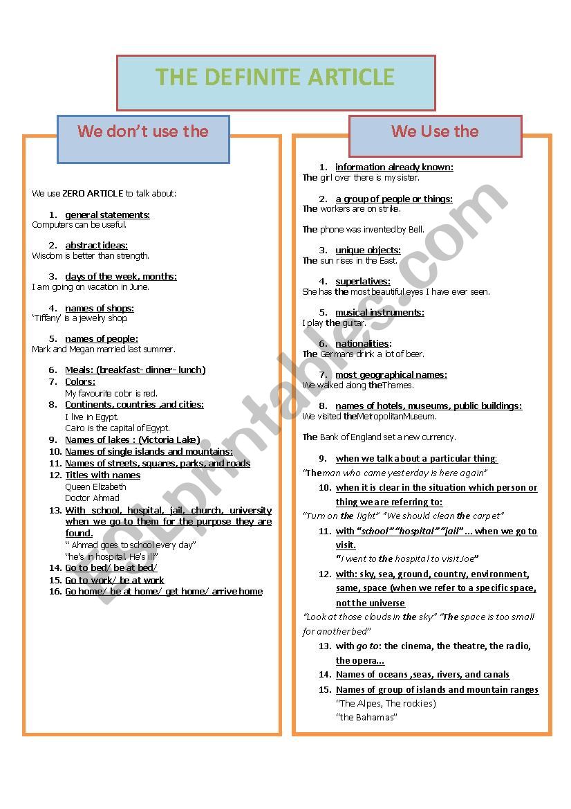the definite article (the)  worksheet