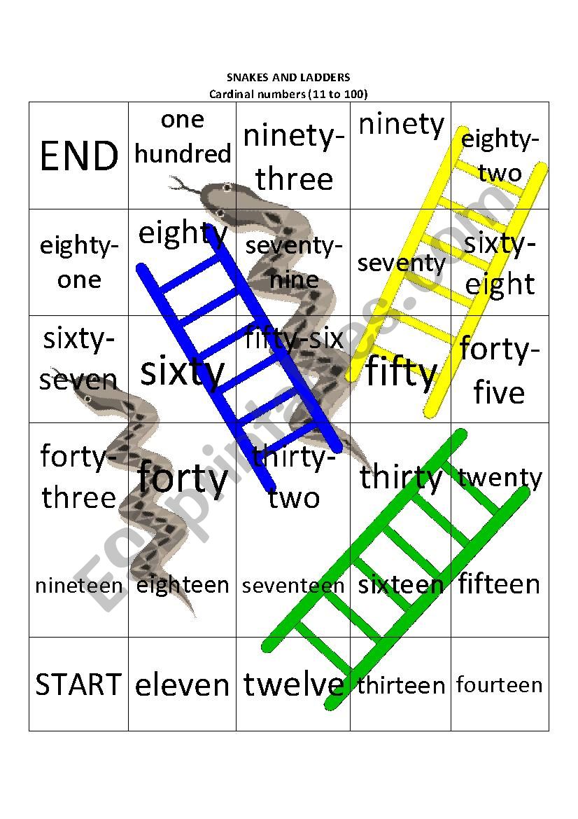 Snakes and ladders (cardinal numbers from 11 to 100)