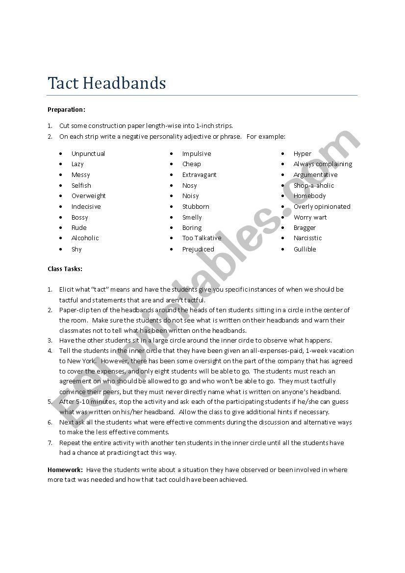 Tact Headbands worksheet