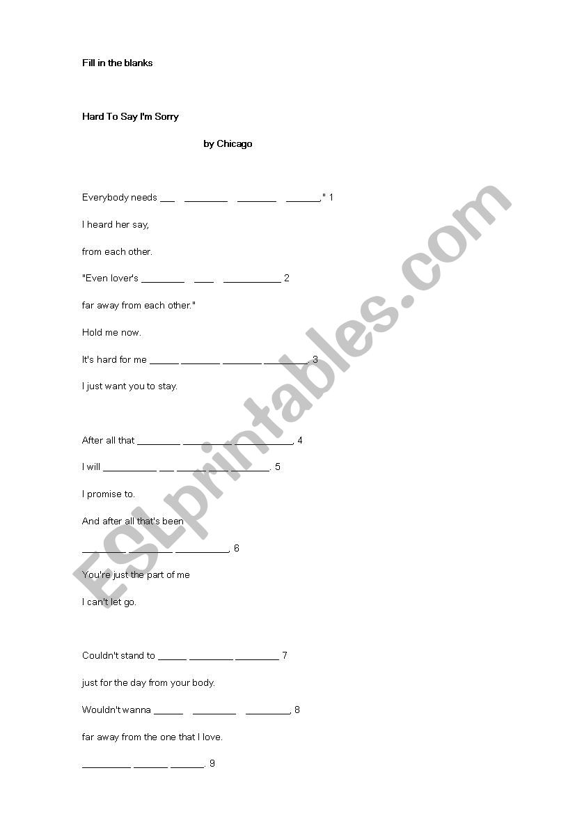 Filling the blanks exercise - Hard to say Im sorry by Chicago