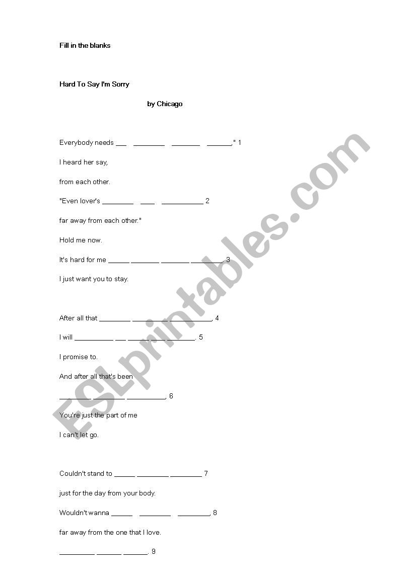 Filling the blanks exercise - Hard to say IÂ´m sorry by Chicago