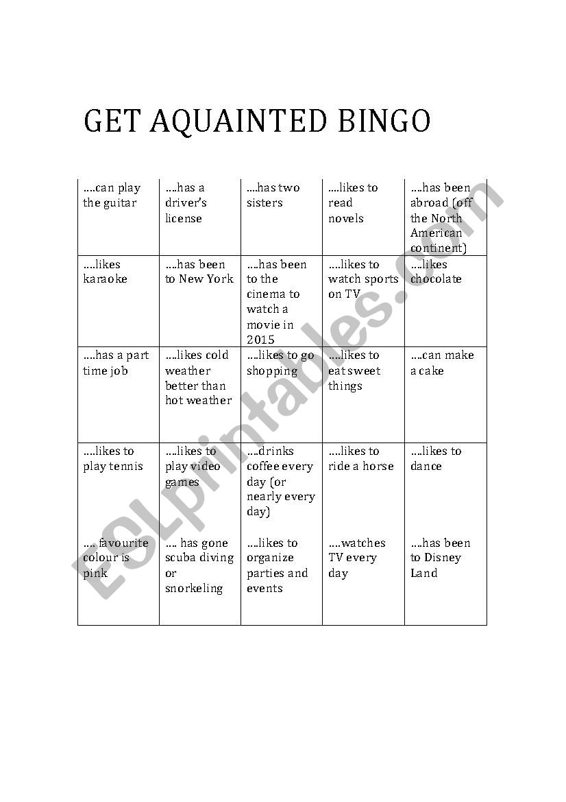 Get Acquainted Bingo worksheet