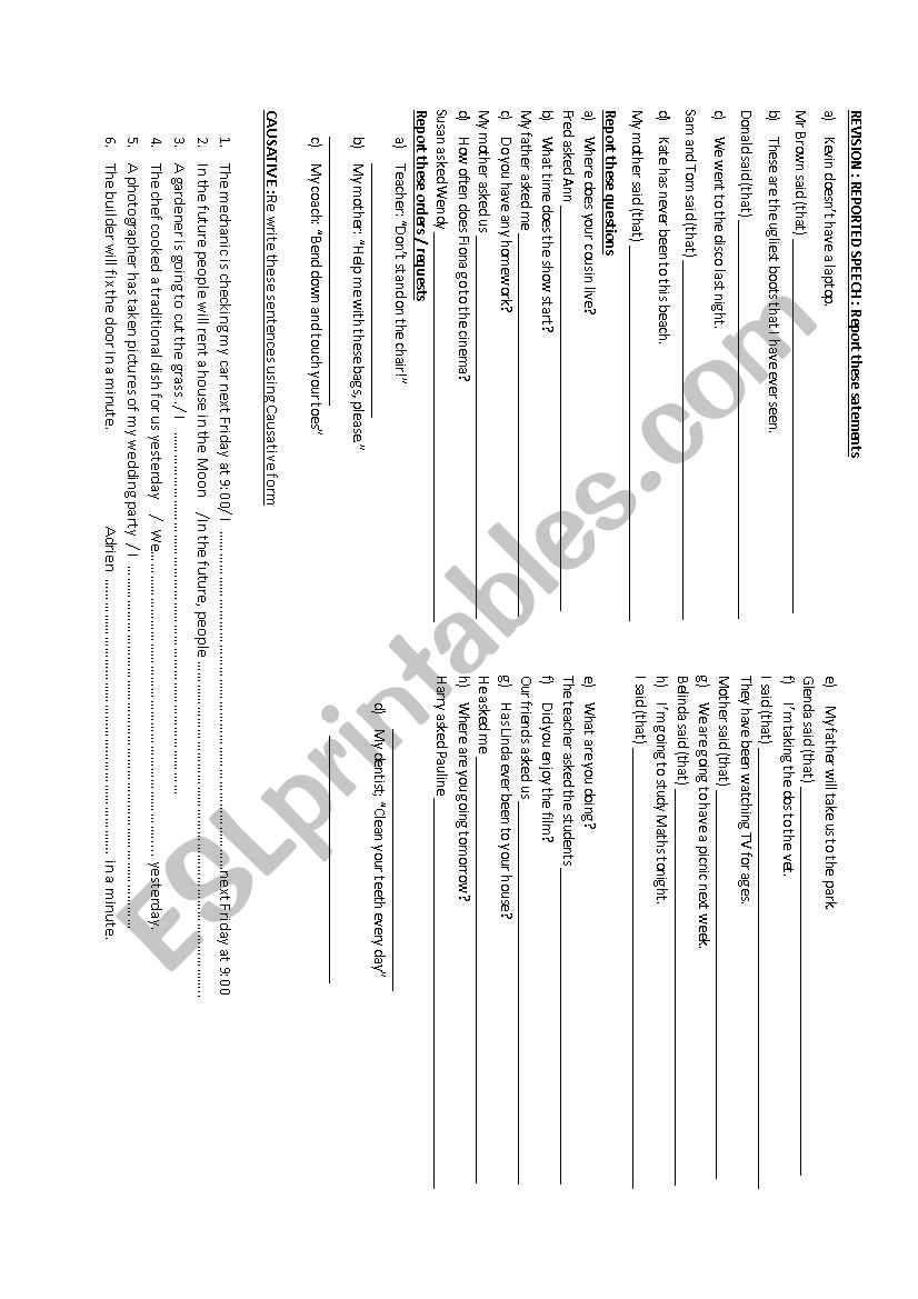 Reported Speech and Causative worksheet