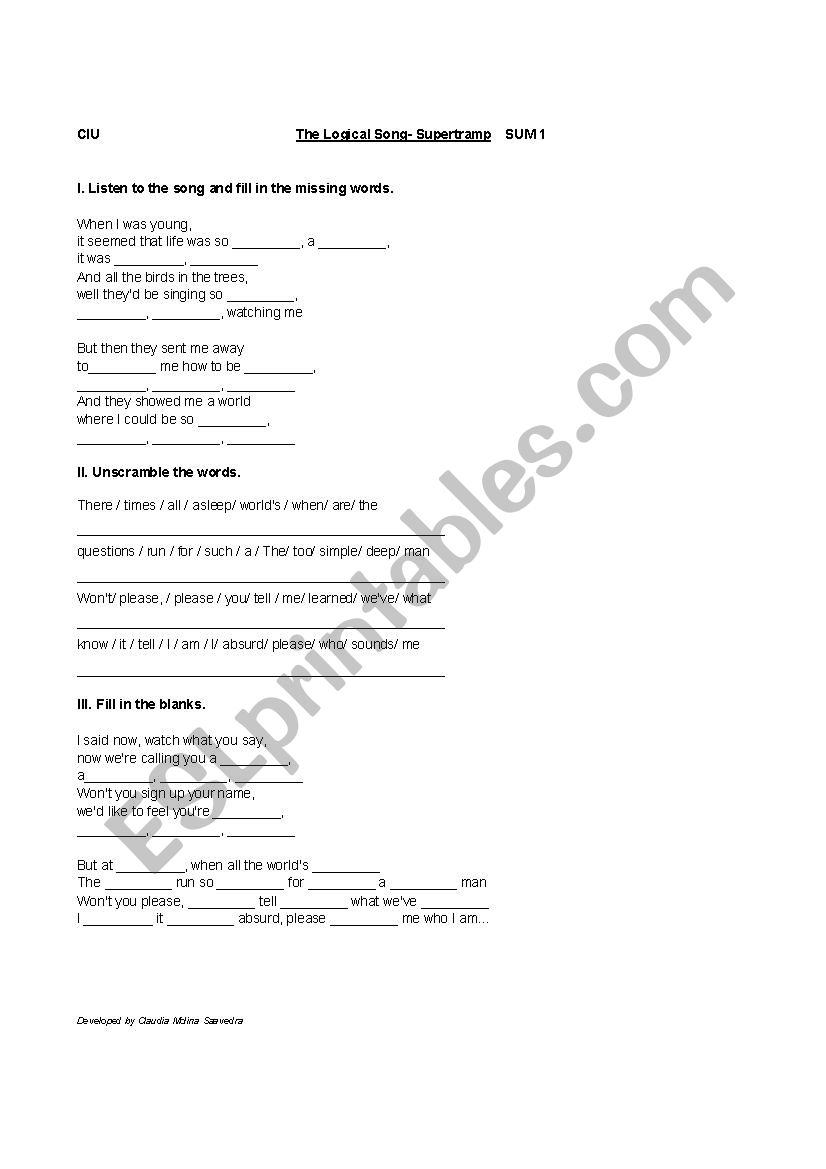 THE LOGICAL SONG worksheet