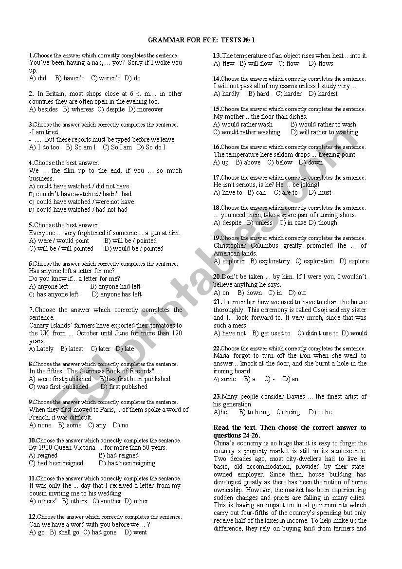 Multiple-choice tests for FCE GRAMMAR