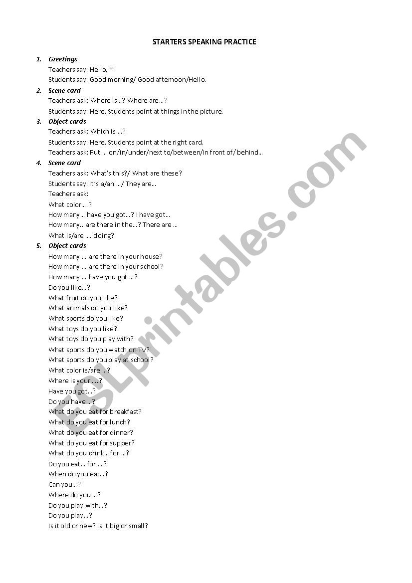 Speaking for Starters  worksheet