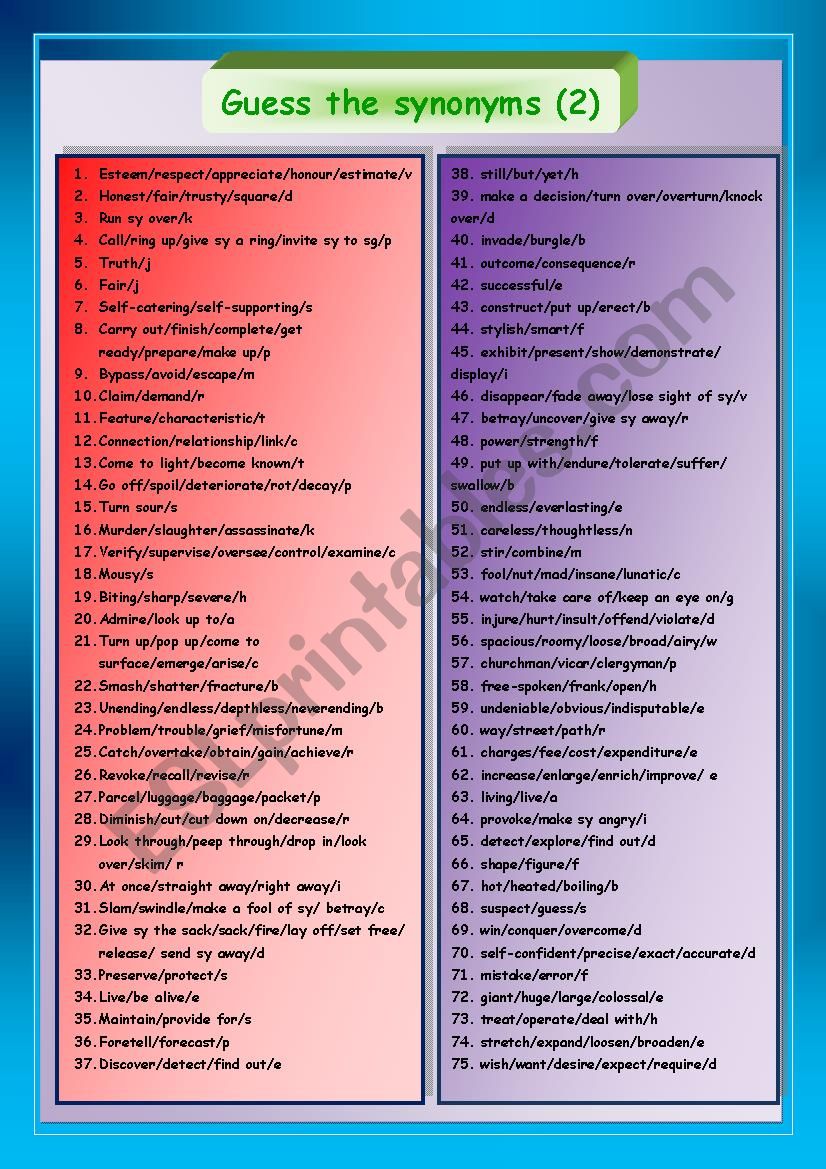 Find out the synonyms 2 worksheet