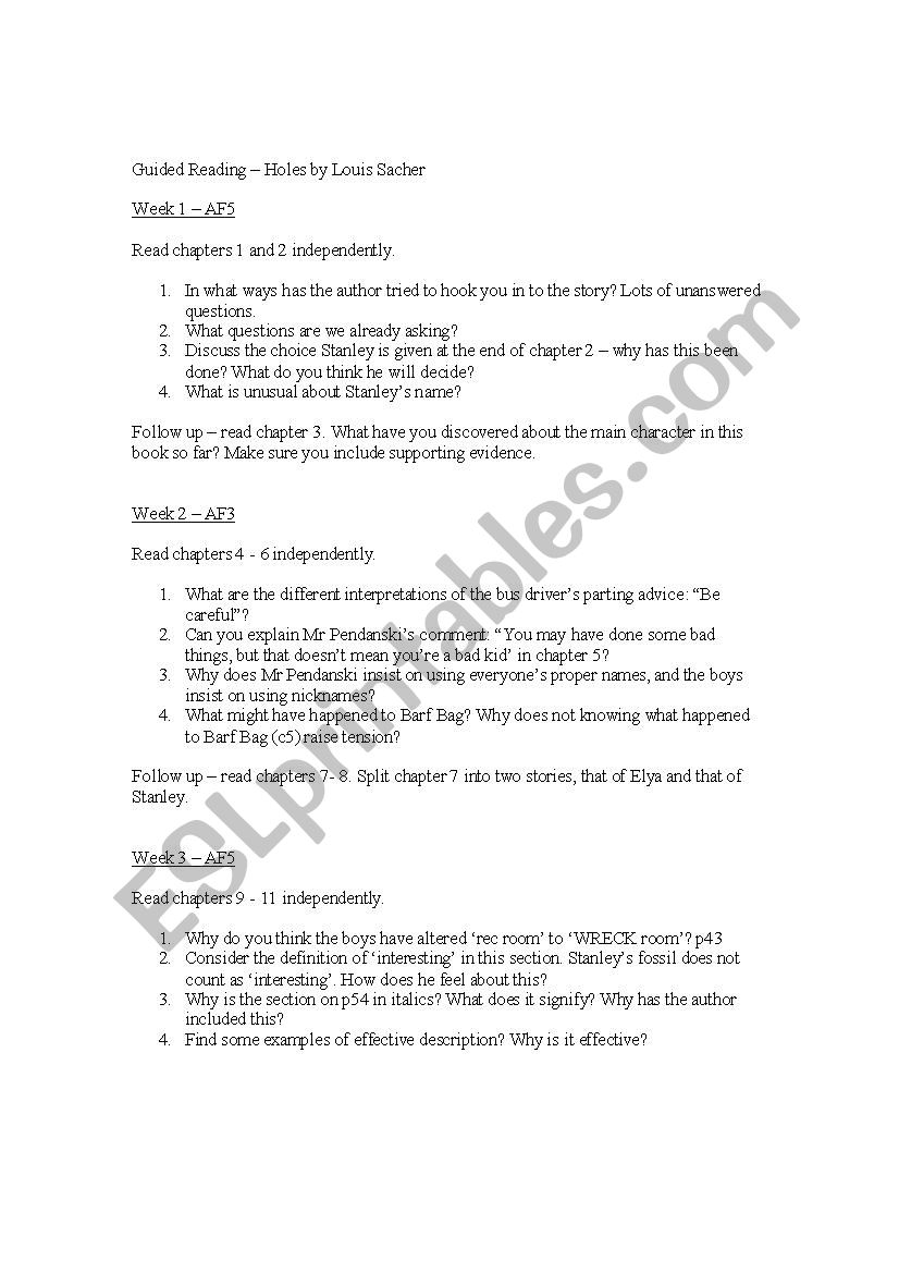 Holes book Weekly Plans worksheet