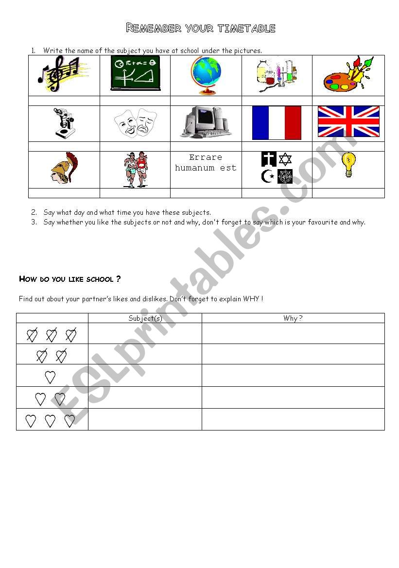 School subjects worksheet