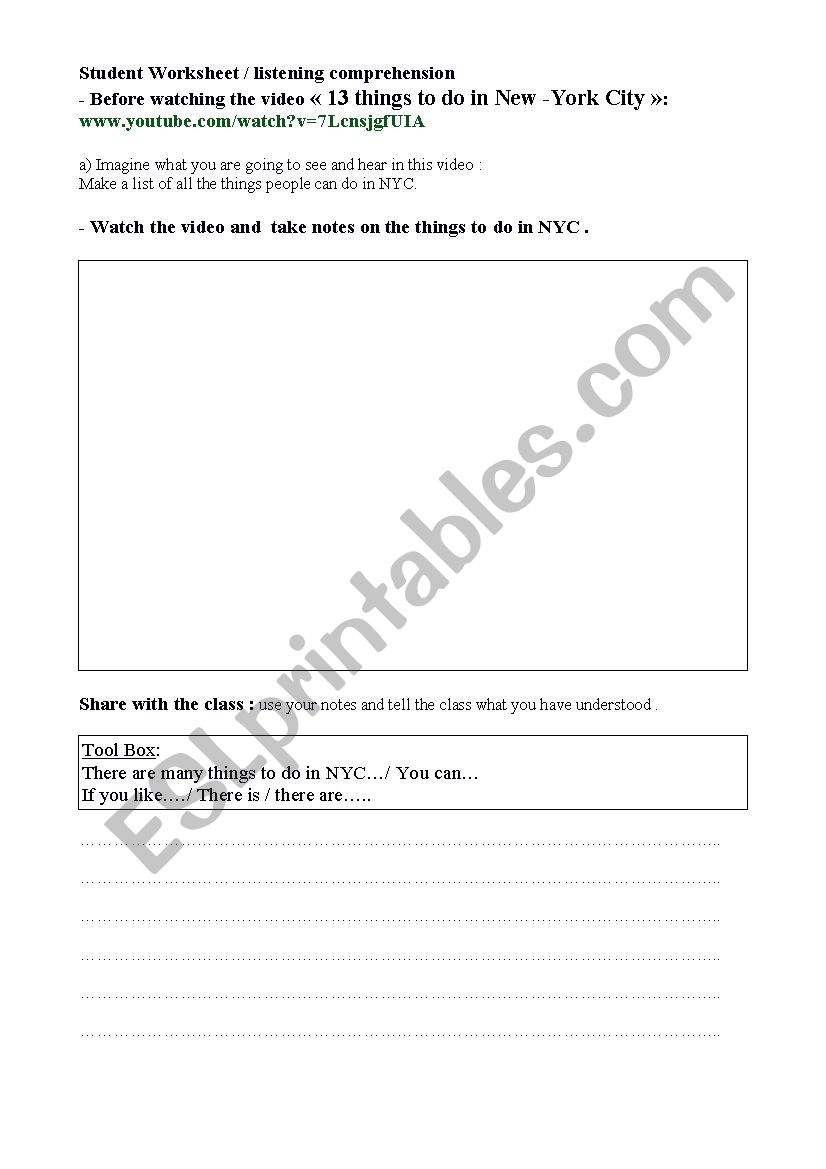 things to do in NYC worksheet