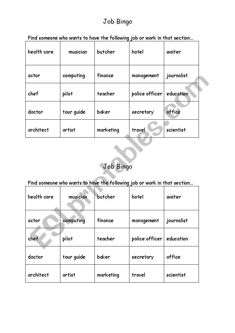 Job Bingo worksheet